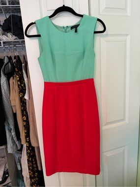 BCBGMaxAzria Mint and Red Colorblock Midi Sheath Dress